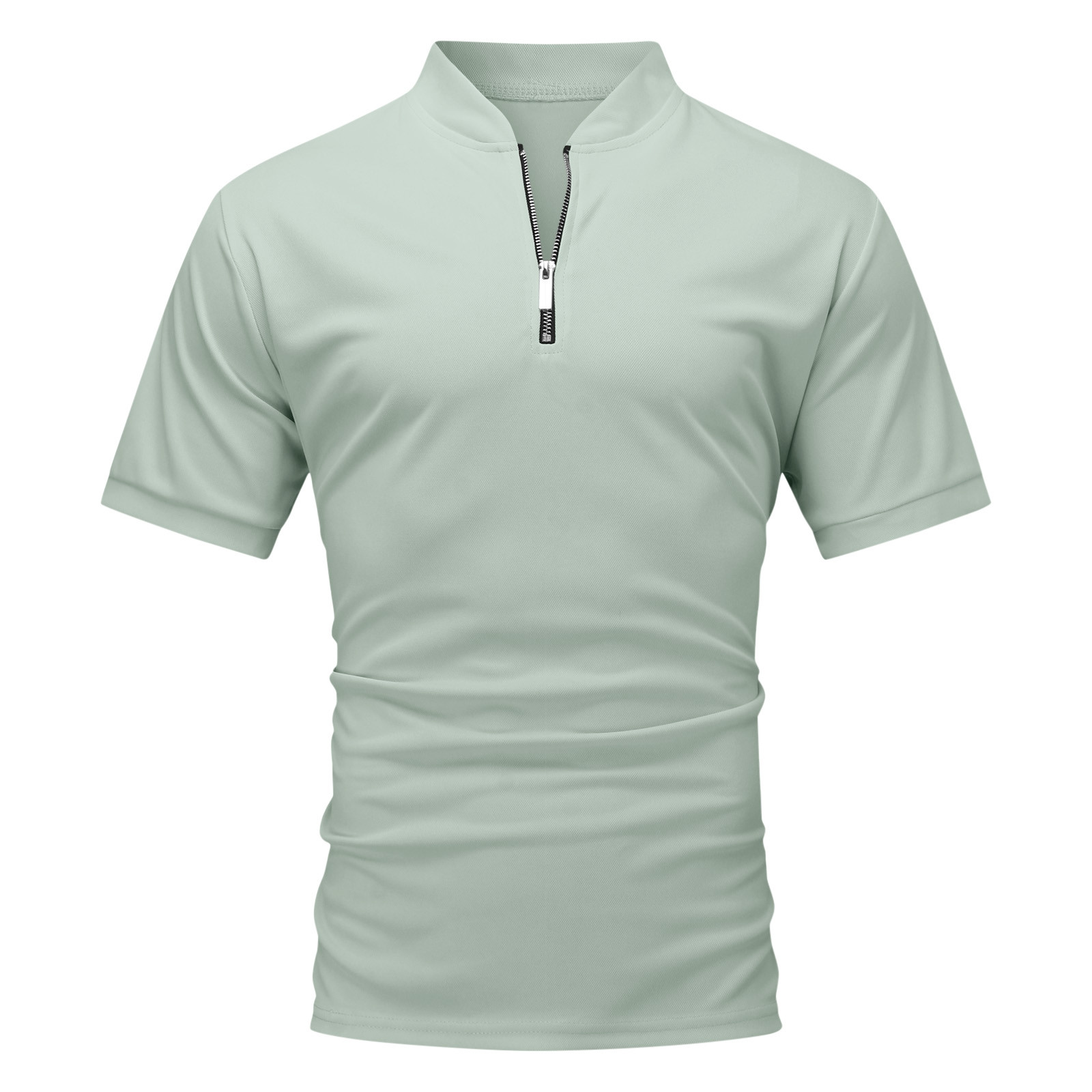 thumbnail image 4 of Blusa de manga corta con cuello alto y cremallera para hombre - Camisa informal de poliéster liso - Oficina/cita/fiesta de verano, 4 of 5